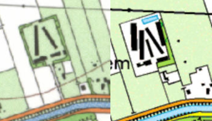 kaart geesbrug1994-2000, Geesbrug links op de topografische kaart van 1994 en rechts op de topografische kaart van 2000.