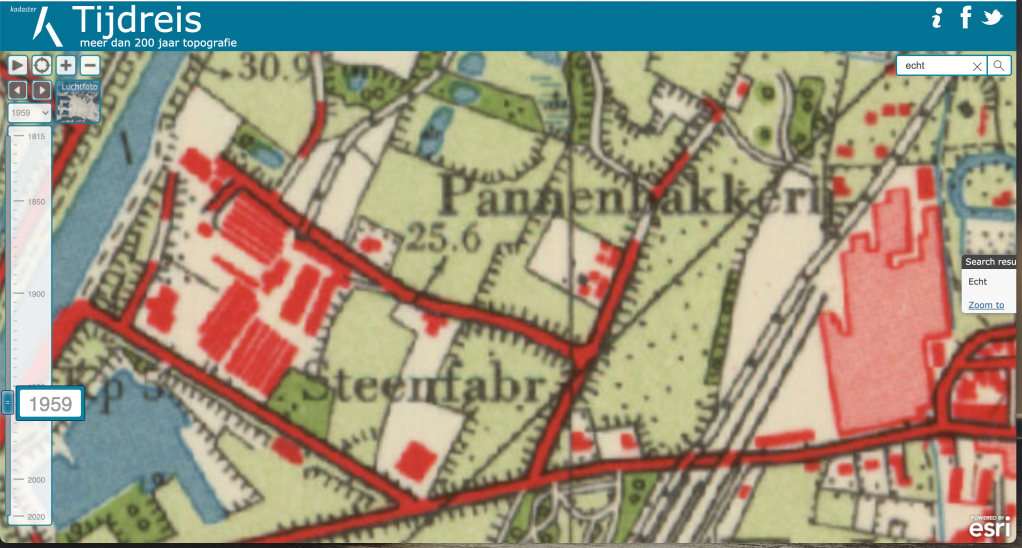 Topografische kaart uit 1959 met de locatie van Op de Loop (Topotijdreis).