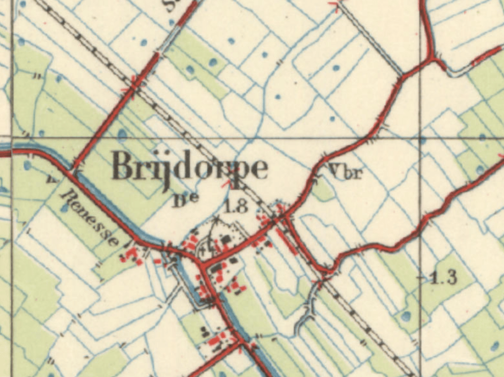 Topografische kaart met woonoord Brijdorpe ten noordoosten van het dorp bij de trambaan.