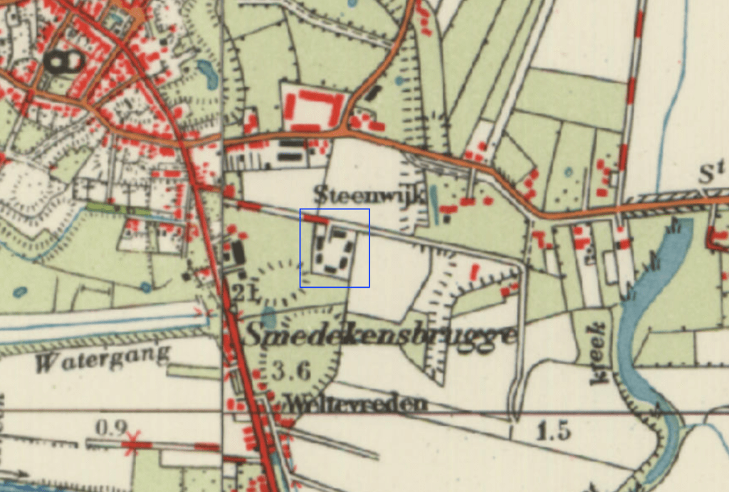 Woonoord Rodanborg in het blauwe vierkant op de topografische kaart van 1960.