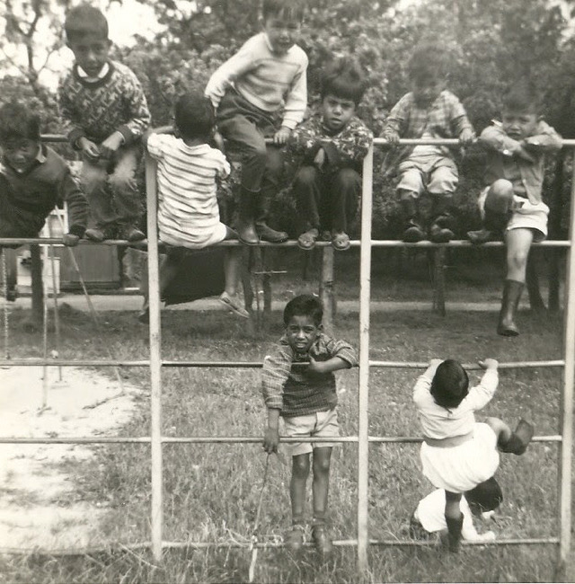 Het speelterrein in Wyldemerck, foto Aboe Marasabessy. Aboe hangt rechtsboven in het klimrek.